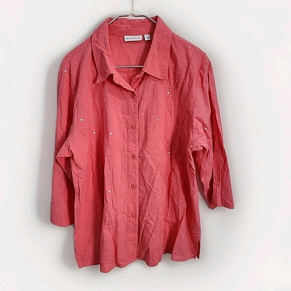 Susan Graver Button Down Women XL Coral Pink Floral Embroidered Sequin Boho Top